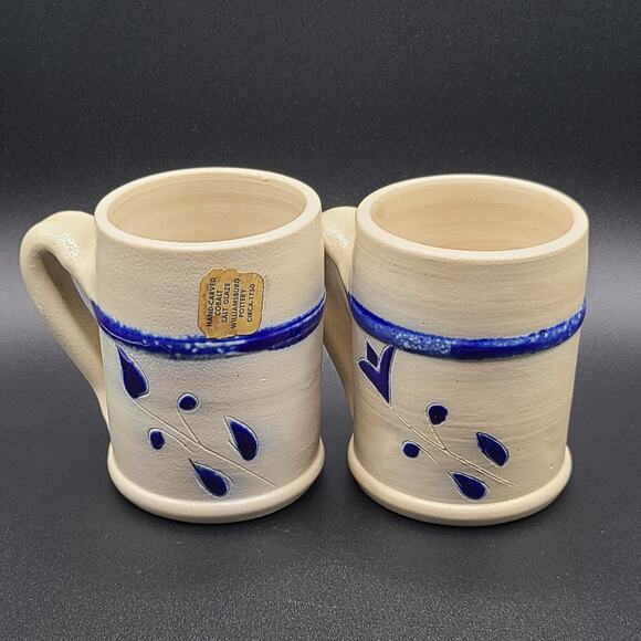 Williamsburg Pottery Salt Glazed Small Blue Tavern Style Mugs Set Of 2 - Picture 1 of 6
